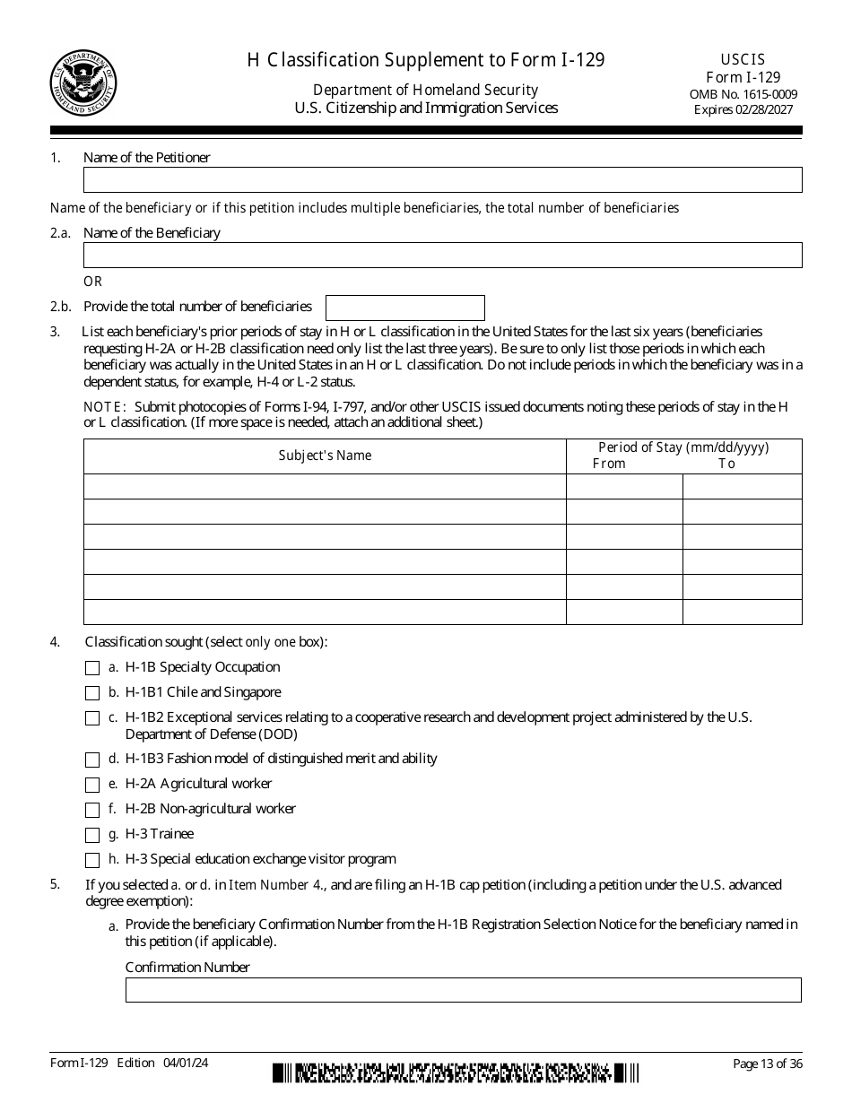 USCIS Form I-129 Petition for a Nonimmigrant Worker, Page 13