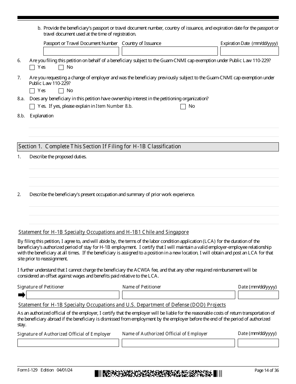 USCIS Form I-129 Petition for a Nonimmigrant Worker, Page 14
