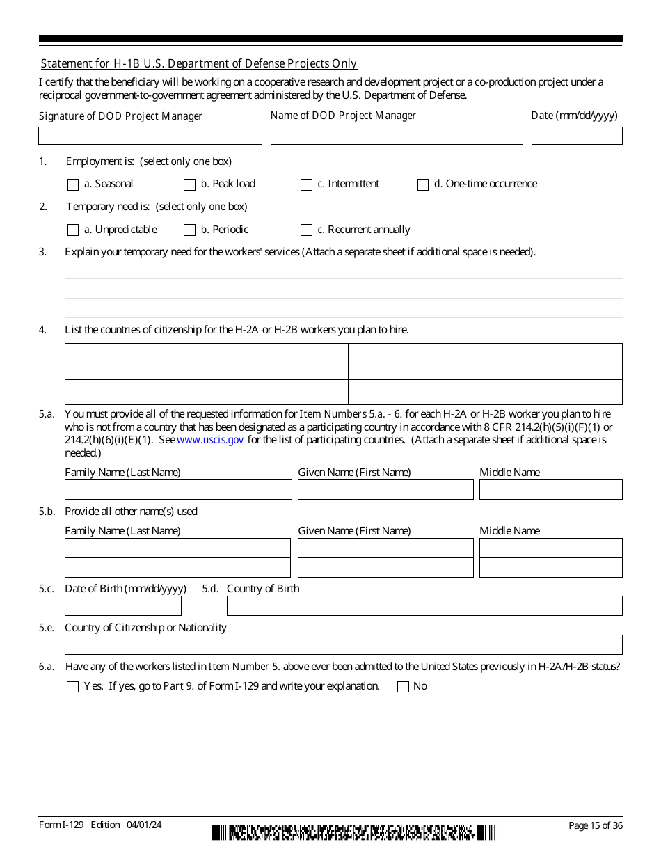 USCIS Form I-129 Petition for a Nonimmigrant Worker, Page 15