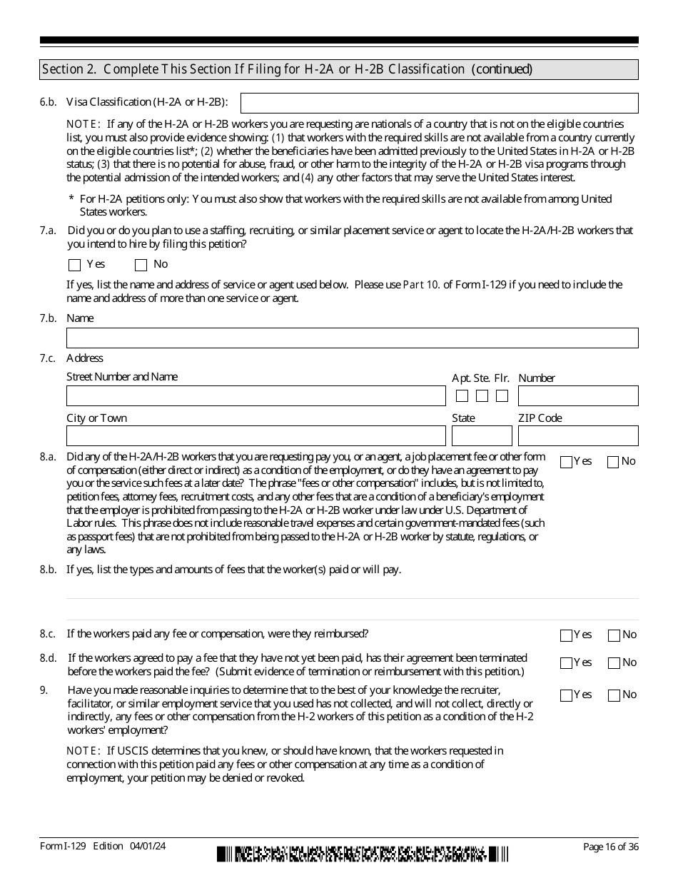 USCIS Form I-129 Petition for a Nonimmigrant Worker, Page 16
