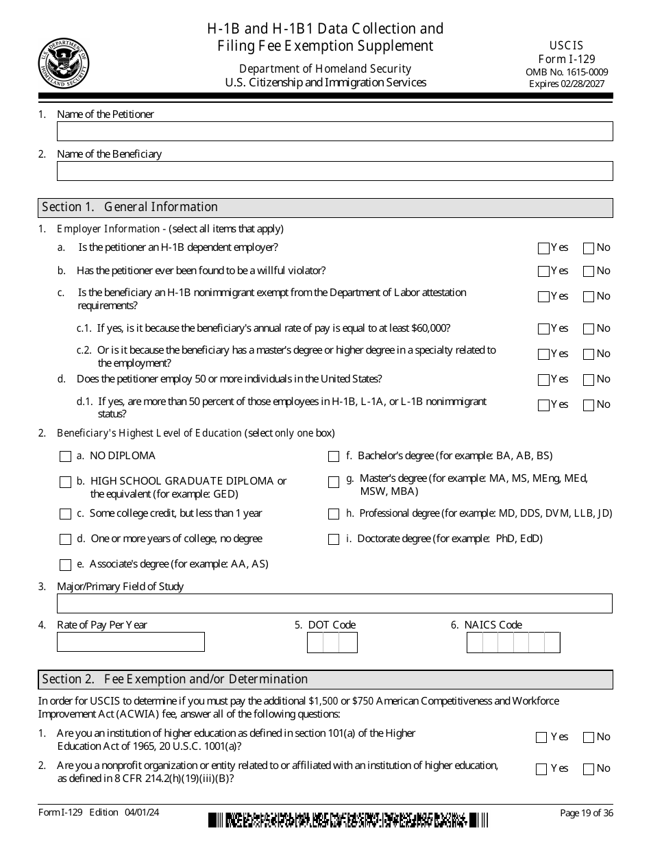 USCIS Form I-129 Petition for a Nonimmigrant Worker, Page 19