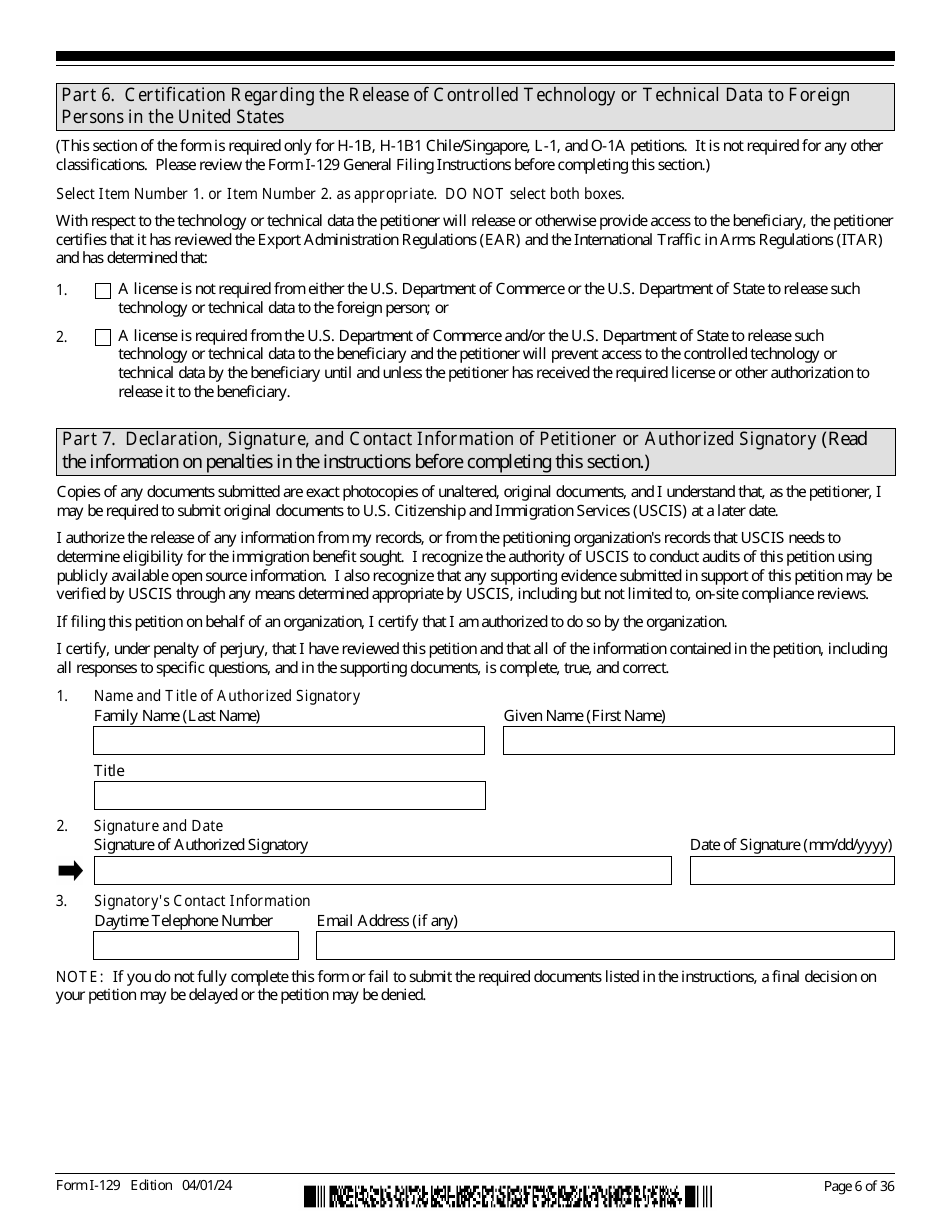 USCIS Form I-129 Petition for a Nonimmigrant Worker, Page 6