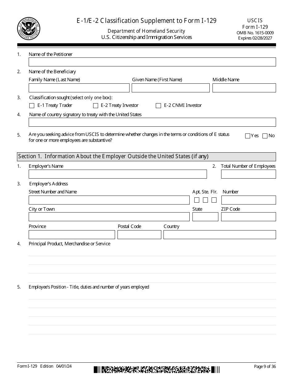 Uscis form i 129 download fillable pdf or fill online petition for a