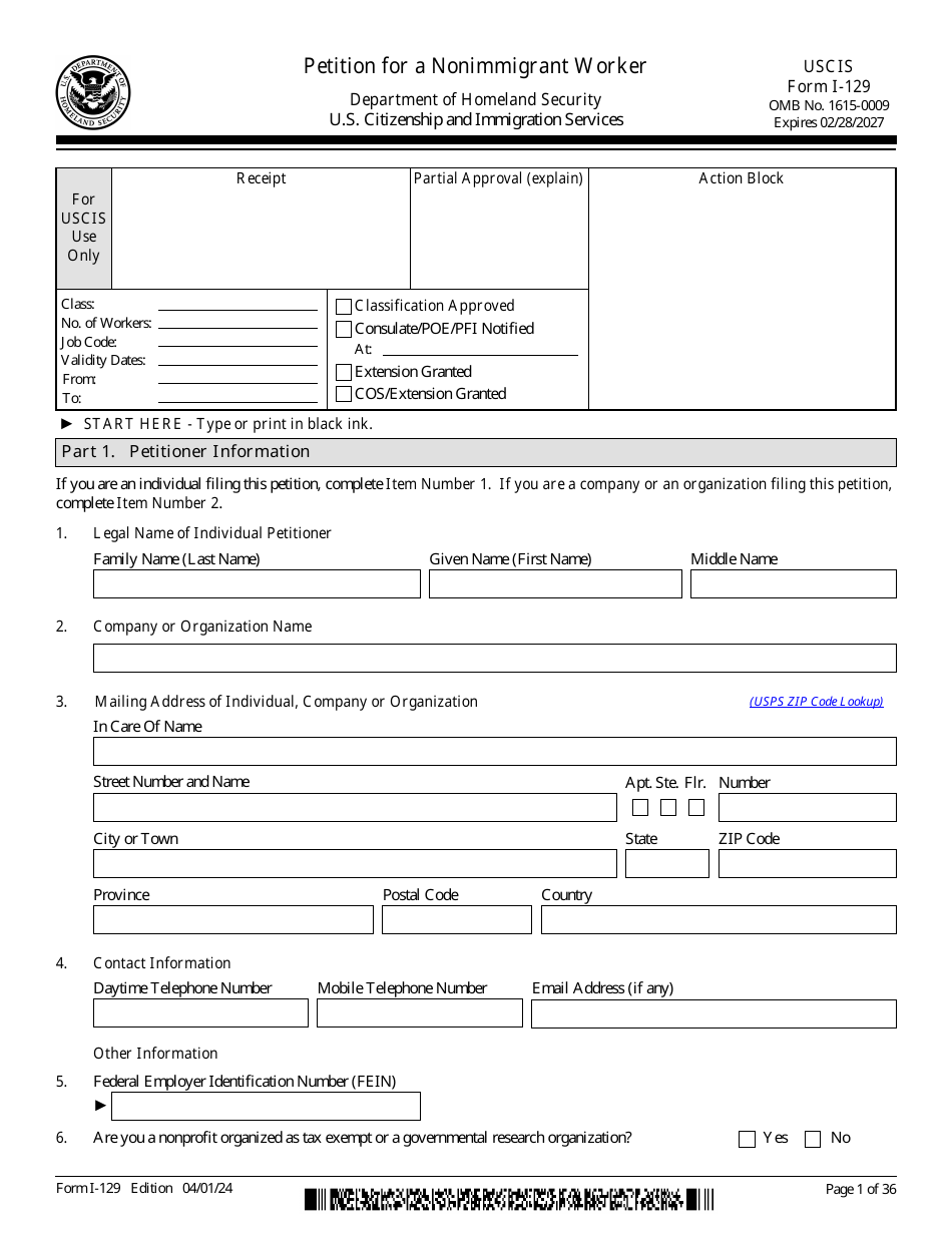 USCIS Form I-129 Download Fillable PDF or Fill Online Petition for a ...