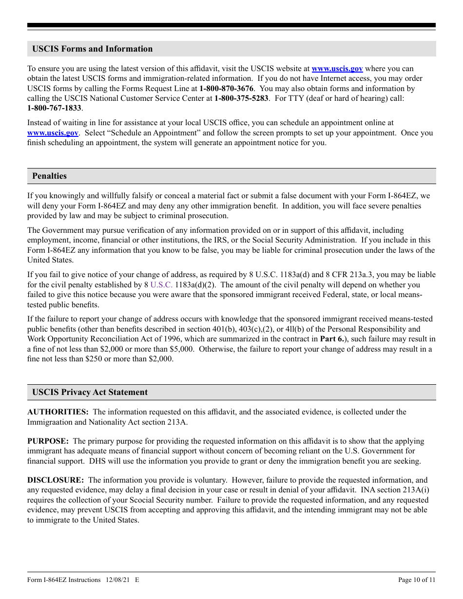 Instructions for USCIS Form I-864EZ Affidavit of Support Under Section 213a of the Ina, Page 10