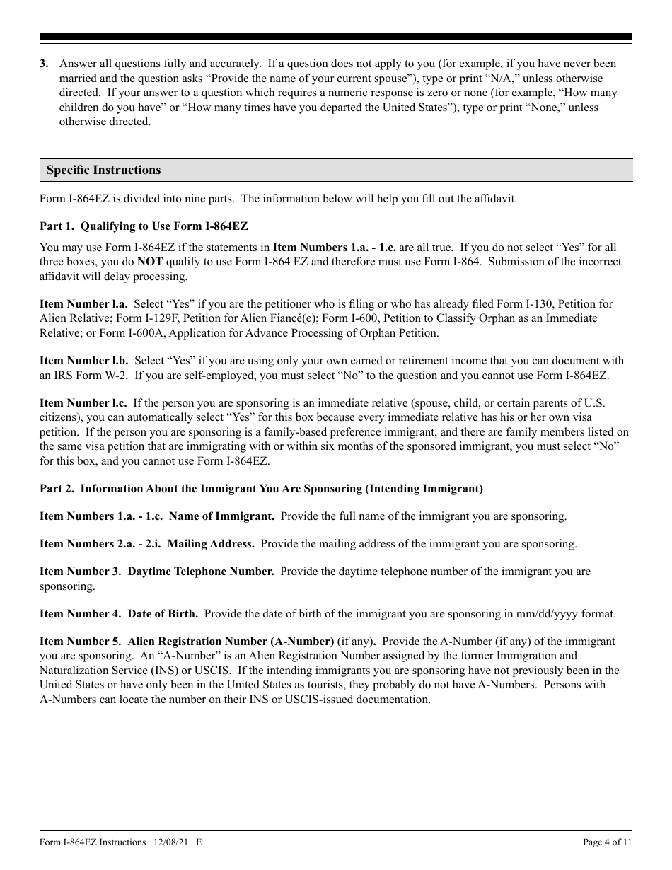 Instructions for USCIS Form I-864EZ Affidavit of Support Under Section 213a of the Ina, Page 4