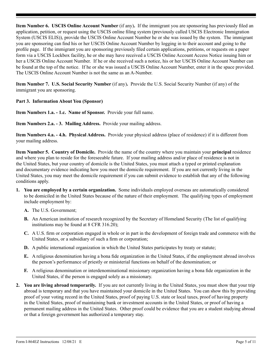 Instructions for USCIS Form I-864EZ Affidavit of Support Under Section 213a of the Ina, Page 5