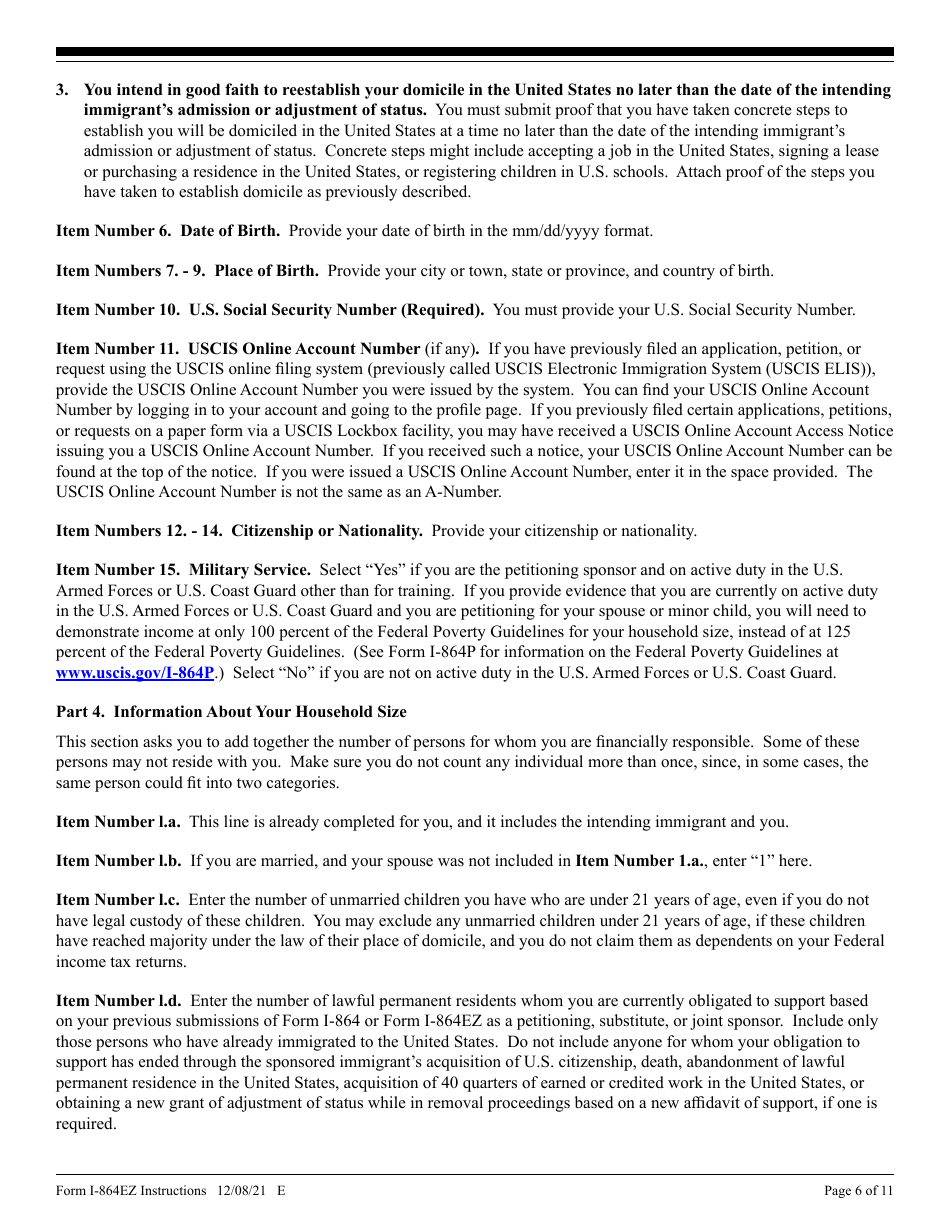 Instructions for USCIS Form I-864EZ Affidavit of Support Under Section 213a of the Ina, Page 6