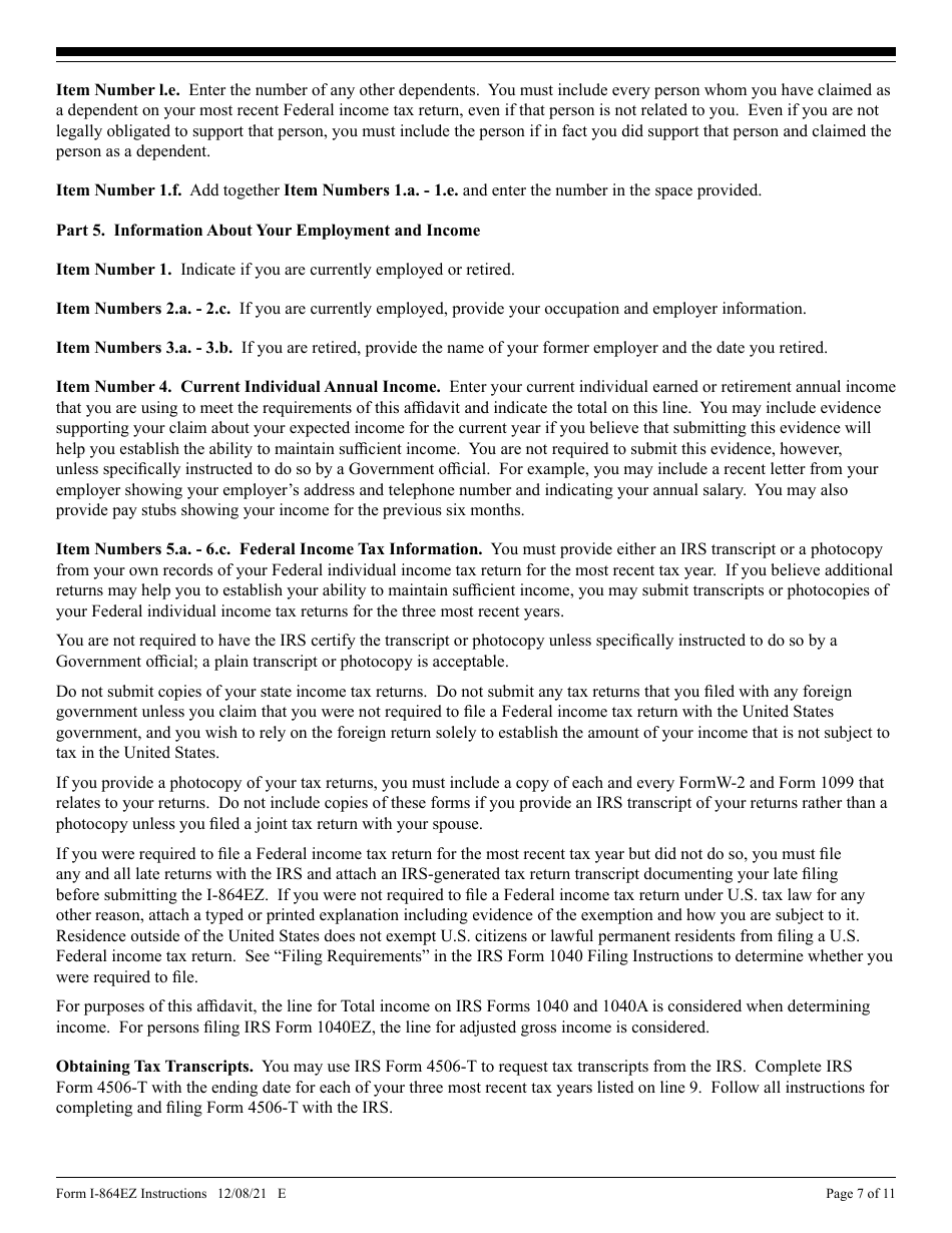 Instructions for USCIS Form I-864EZ Affidavit of Support Under Section 213a of the Ina, Page 7