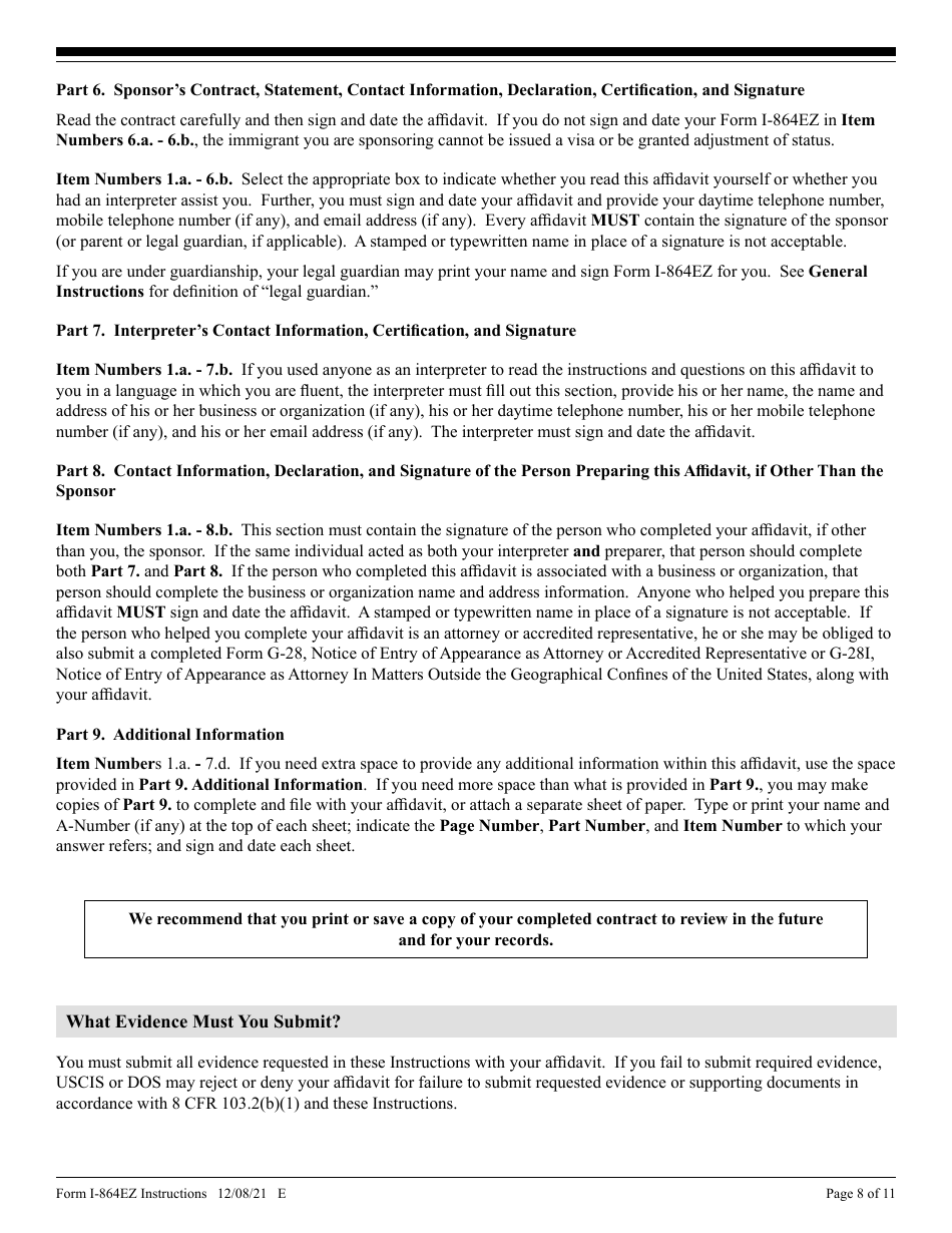 Instructions for USCIS Form I-864EZ Affidavit of Support Under Section 213a of the Ina, Page 8