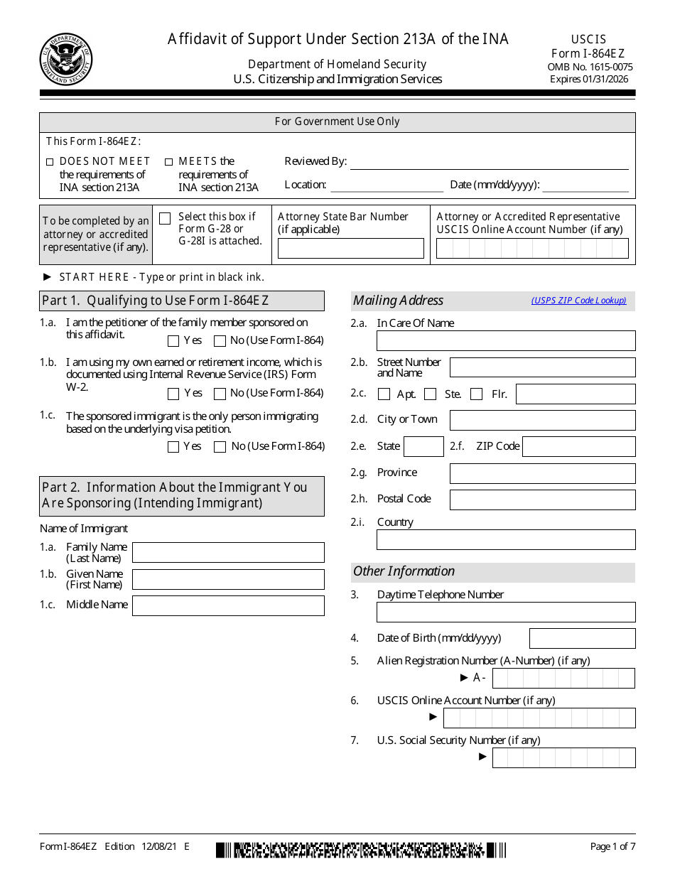 USCIS Form I-864EZ Affidavit of Support Under Section 213a of the Ina, Page 1