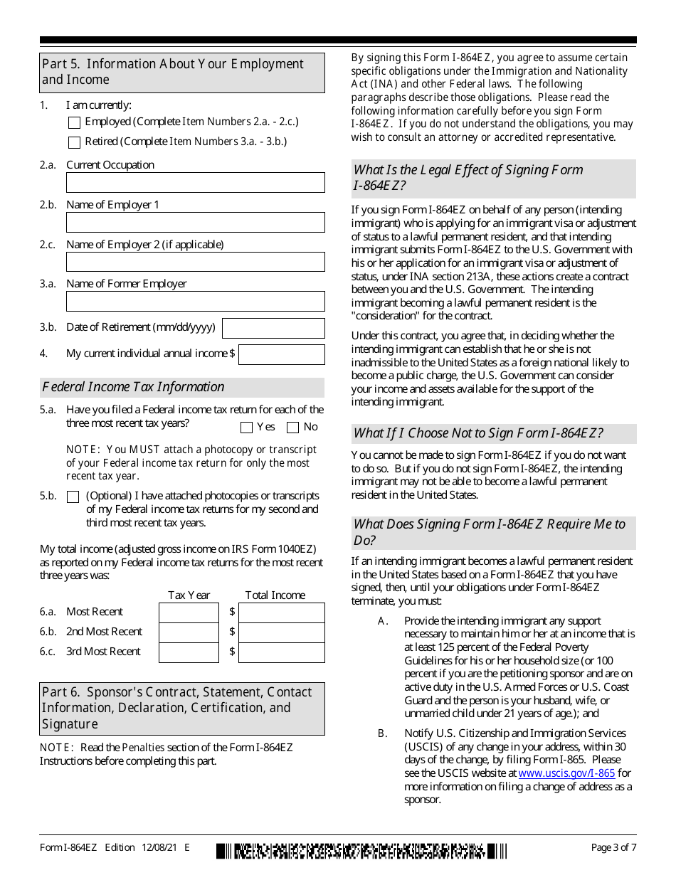 USCIS Form I-864EZ Affidavit of Support Under Section 213a of the Ina, Page 3
