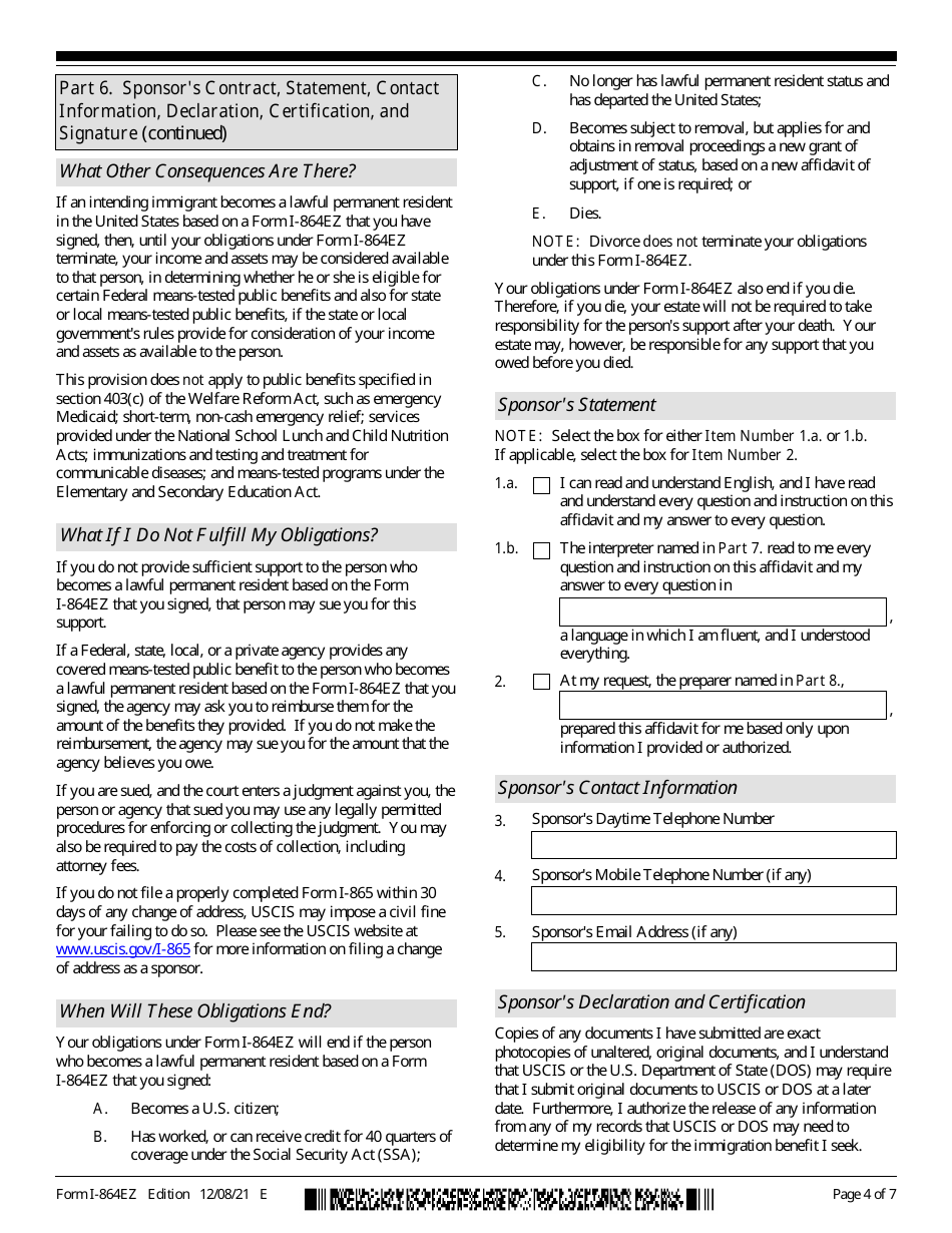 USCIS Form I-864EZ Affidavit of Support Under Section 213a of the Ina, Page 4