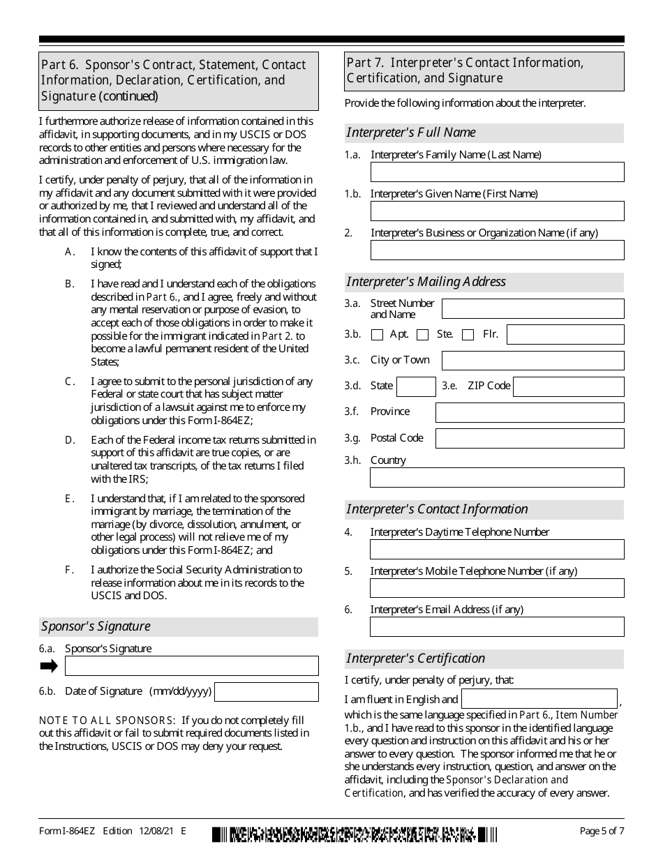 USCIS Form I-864EZ Affidavit of Support Under Section 213a of the Ina, Page 5