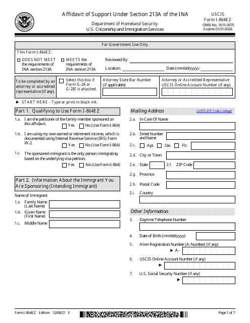USCIS Form I-864EZ  Printable Pdf