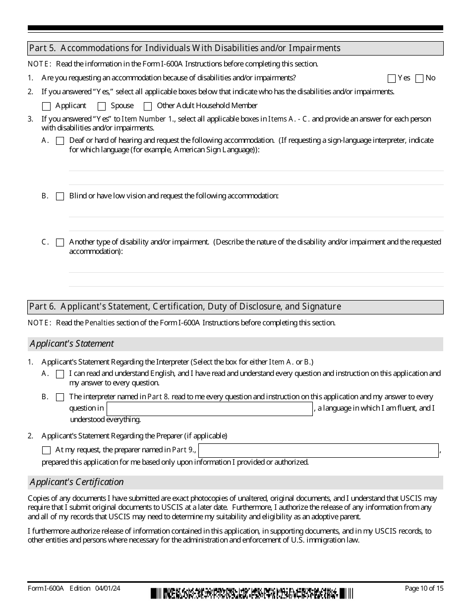 USCIS Form I-600A Application for Advance Processing of an Orphan Petition, Page 10