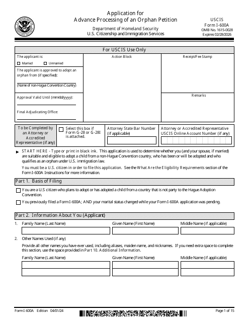 USCIS Form I-600A  Printable Pdf