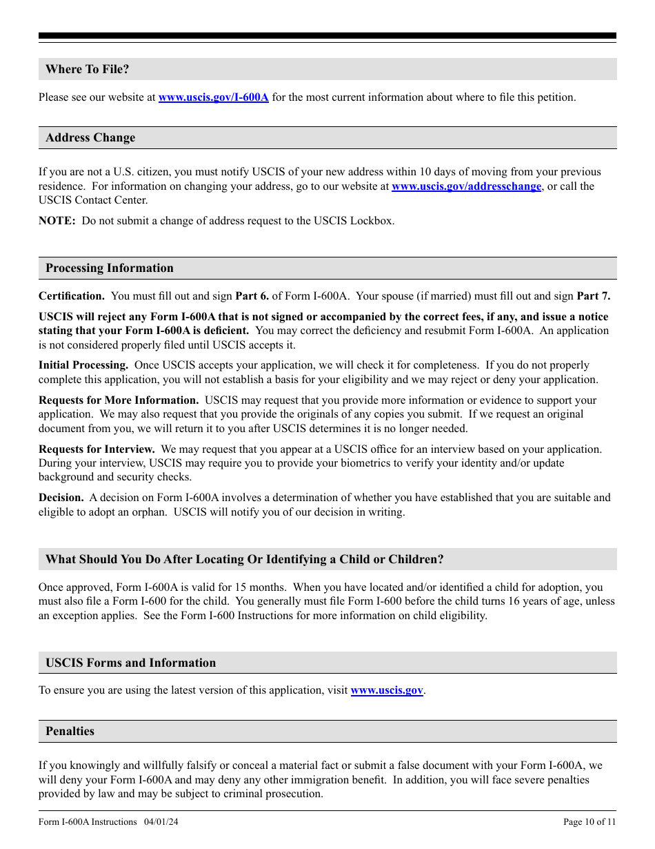 Instructions for USCIS Form I-600A Application for Advance Processing of an Orphan Petition, Page 10