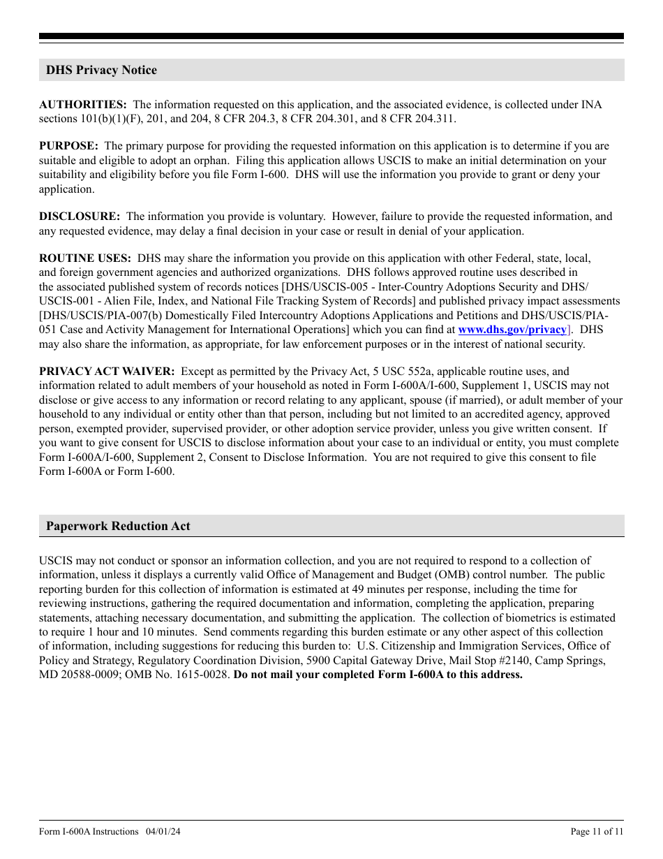 Instructions for USCIS Form I-600A Application for Advance Processing of an Orphan Petition, Page 11