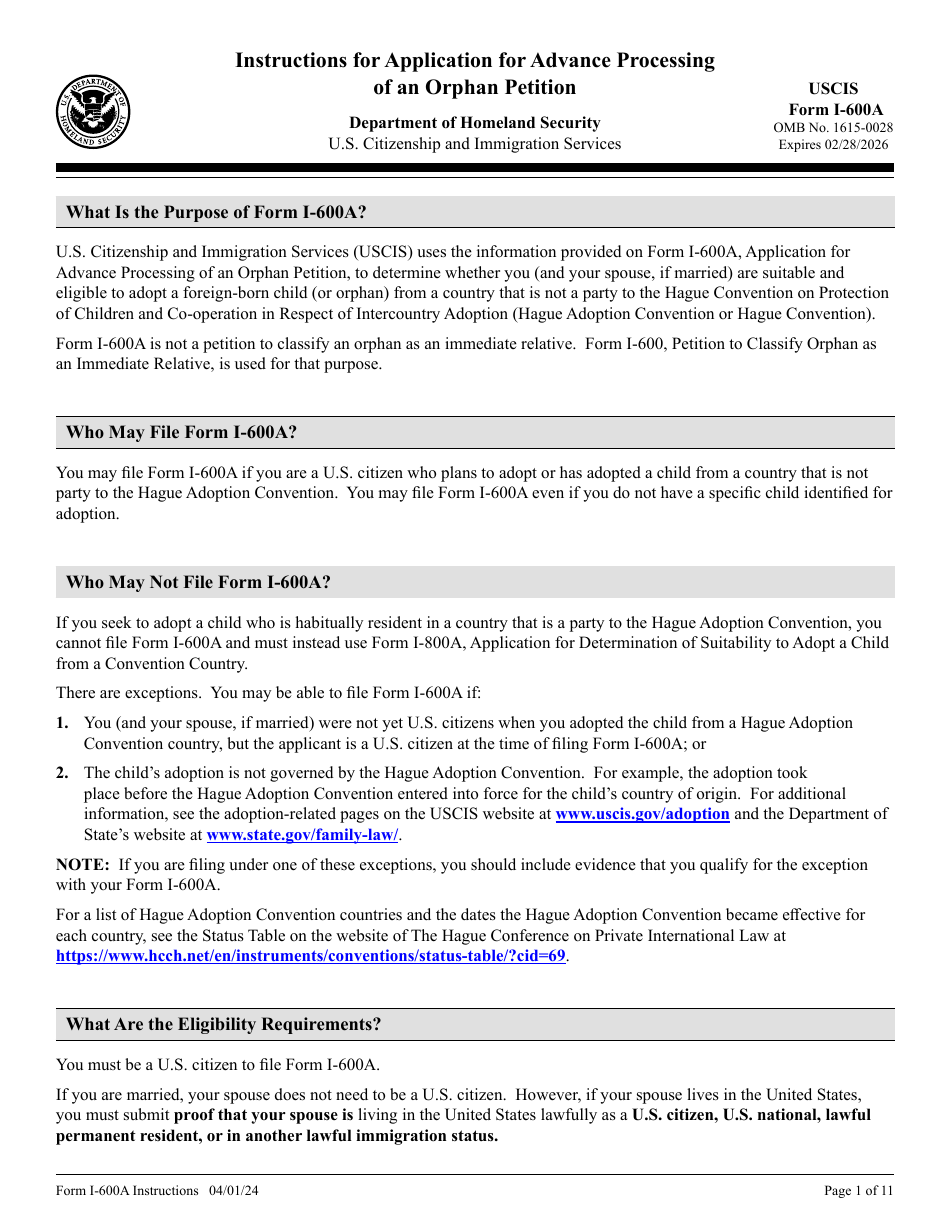 Instructions for USCIS Form I-600A Application for Advance Processing of an Orphan Petition, Page 1