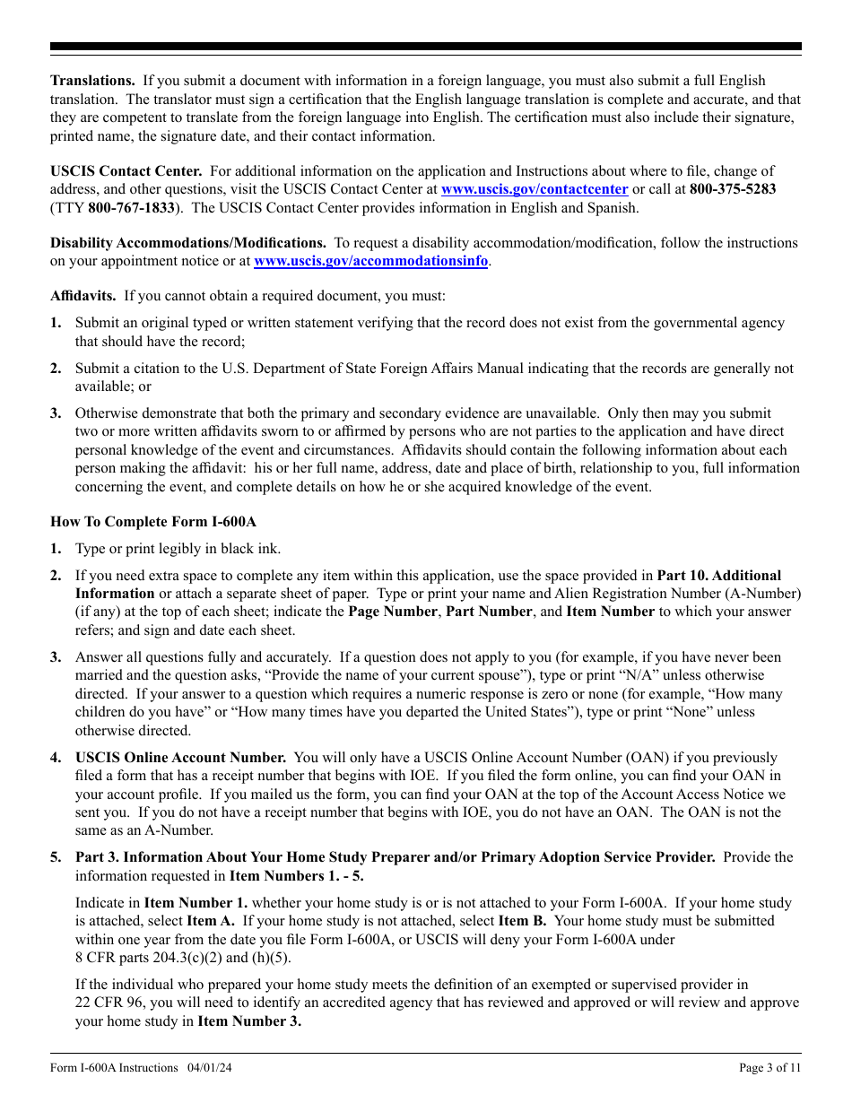 Instructions for USCIS Form I-600A Application for Advance Processing of an Orphan Petition, Page 3