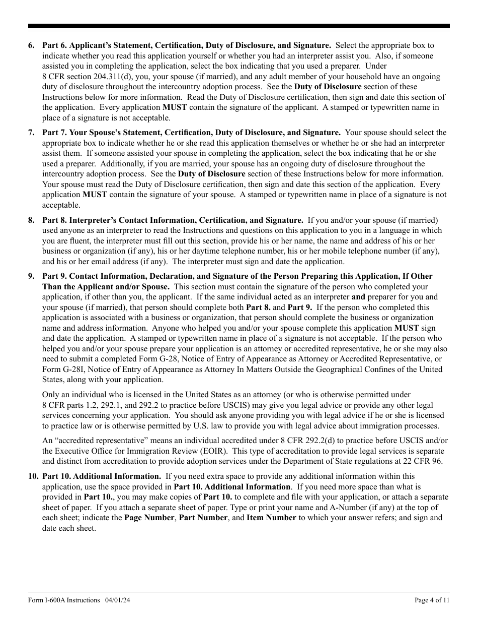 Instructions for USCIS Form I-600A Application for Advance Processing of an Orphan Petition, Page 4