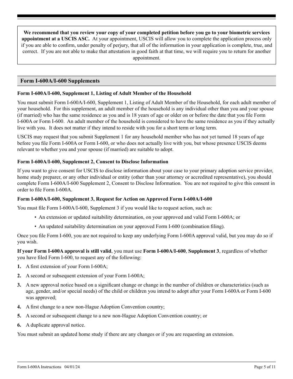 Instructions for USCIS Form I-600A Application for Advance Processing of an Orphan Petition, Page 5