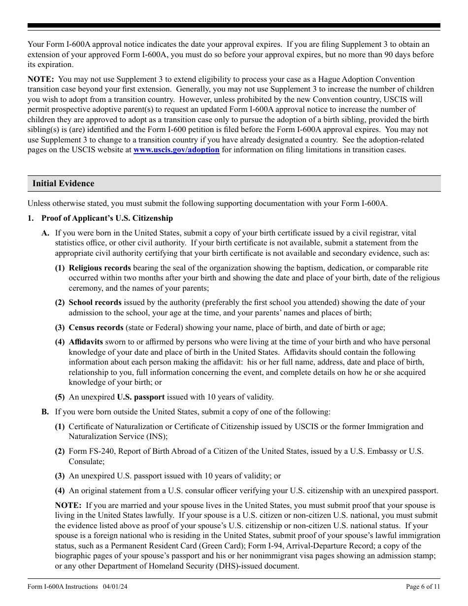 Instructions for USCIS Form I-600A Application for Advance Processing of an Orphan Petition, Page 6