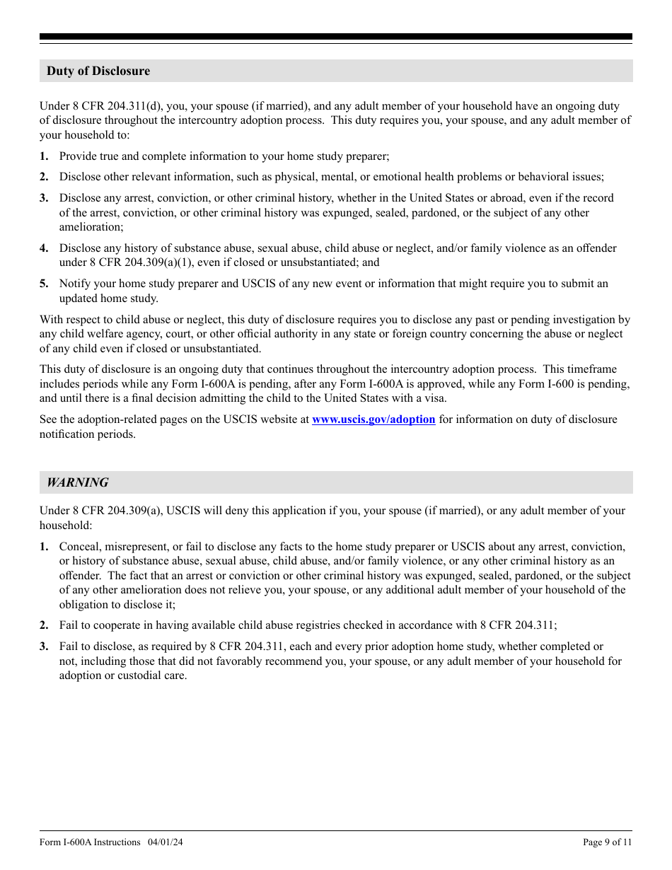 Instructions for USCIS Form I-600A Application for Advance Processing of an Orphan Petition, Page 9