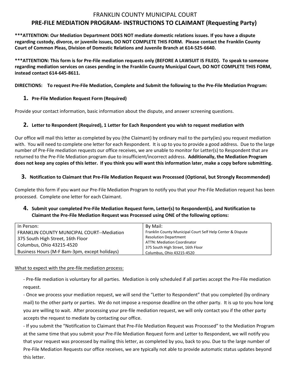 Pre-file Mediation Request - Franklin County, Ohio, Page 1