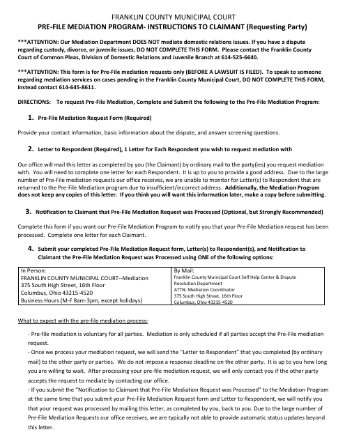 Pre-file Mediation Request - Franklin County, Ohio