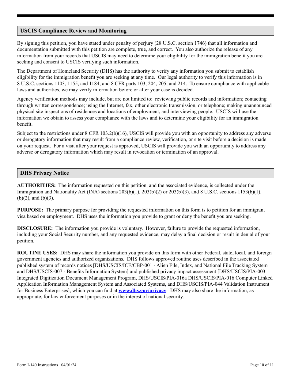 Instructions for USCIS Form I-140 Immigrant Petition for Alien Workers, Page 10