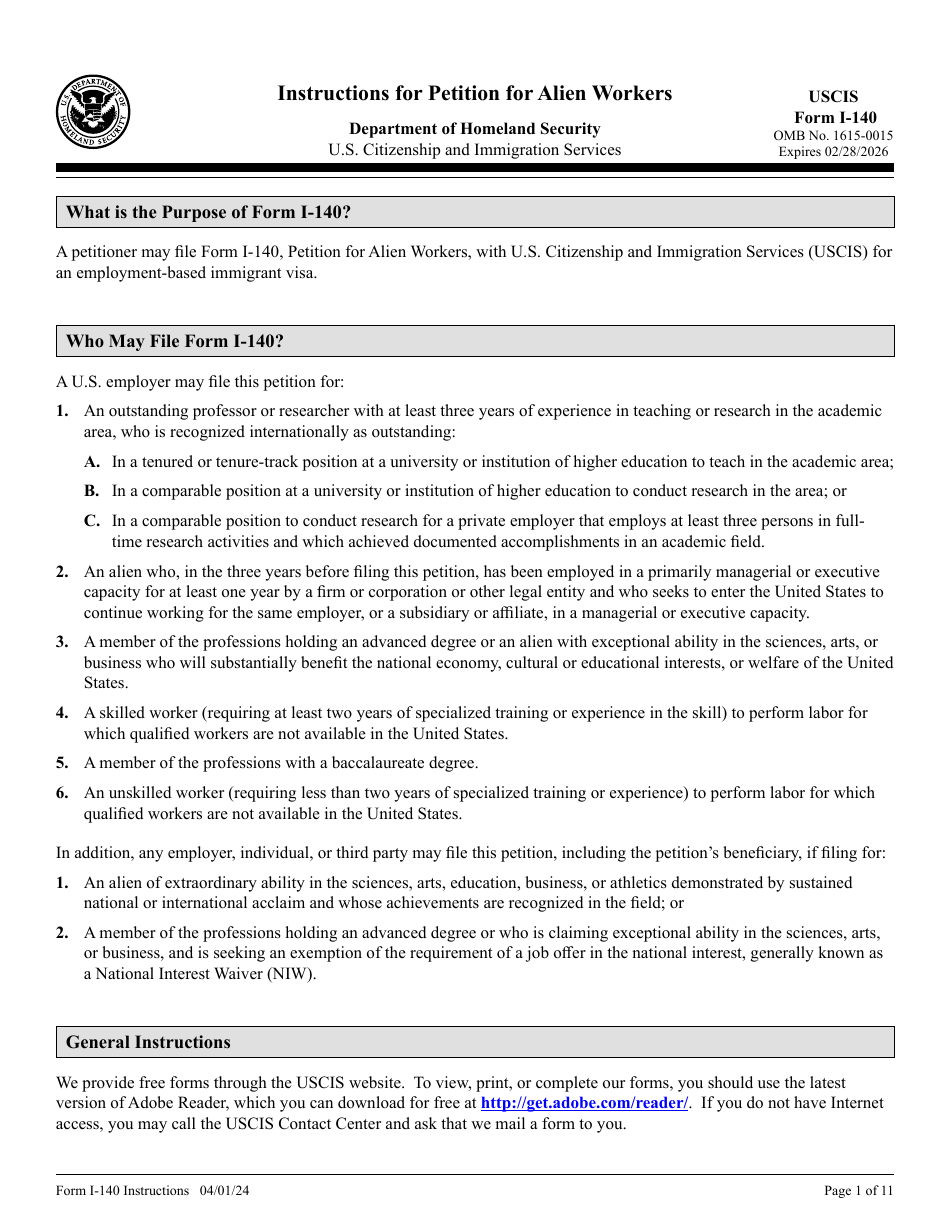 Instructions for USCIS Form I-140 Immigrant Petition for Alien Workers, Page 1