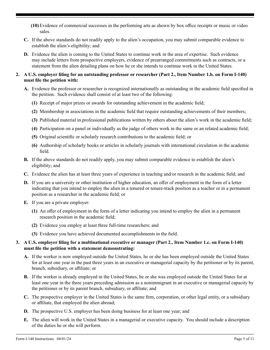 Instructions for USCIS Form I-140 Immigrant Petition for Alien Workers, Page 5