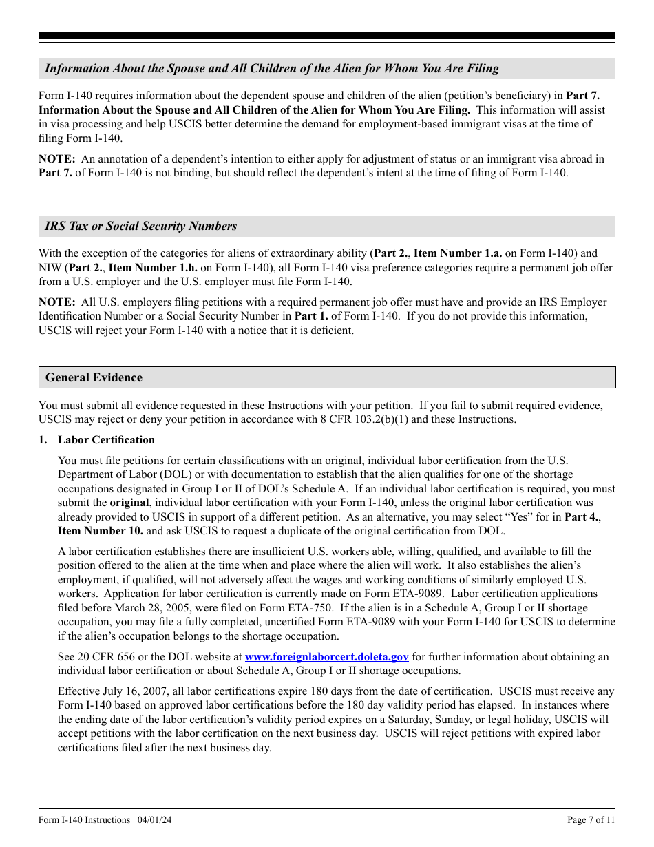 Instructions for USCIS Form I-140 Immigrant Petition for Alien Workers, Page 7