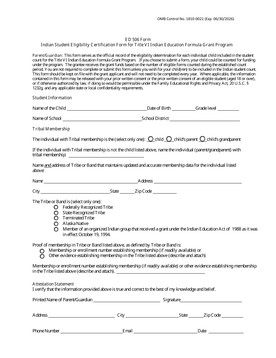 Form ED506 Indian Student Eligibility Certification Form for Title VI Indian Education Formula Grant Program, Page 1