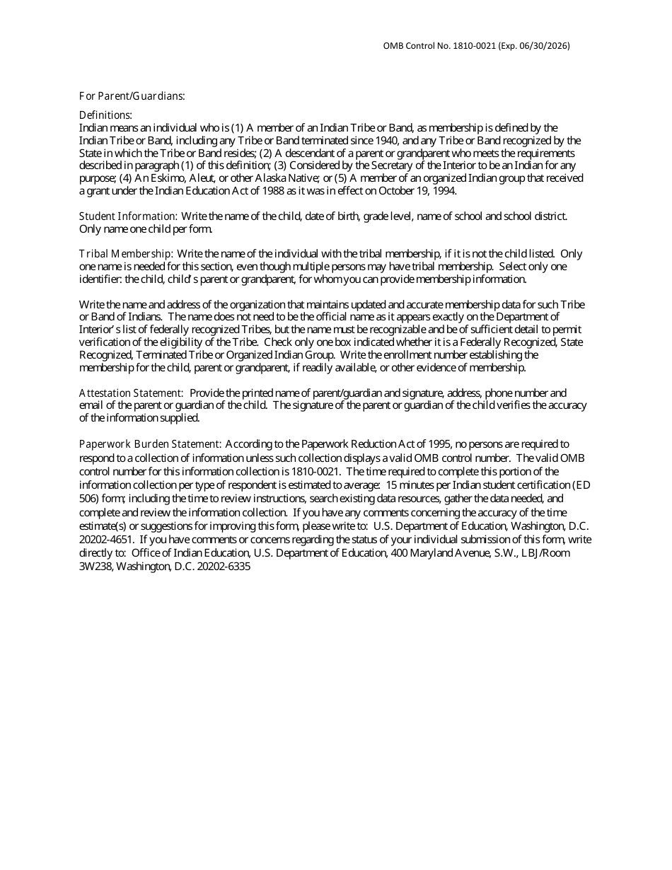 Form ED506 Indian Student Eligibility Certification Form for Title VI Indian Education Formula Grant Program, Page 2
