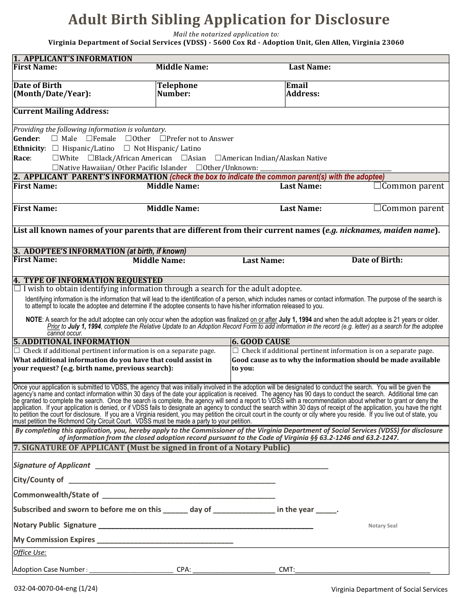Form 032-04-0070-04-ENG Adult Birth Sibling Application for Disclosure - Virginia, Page 1