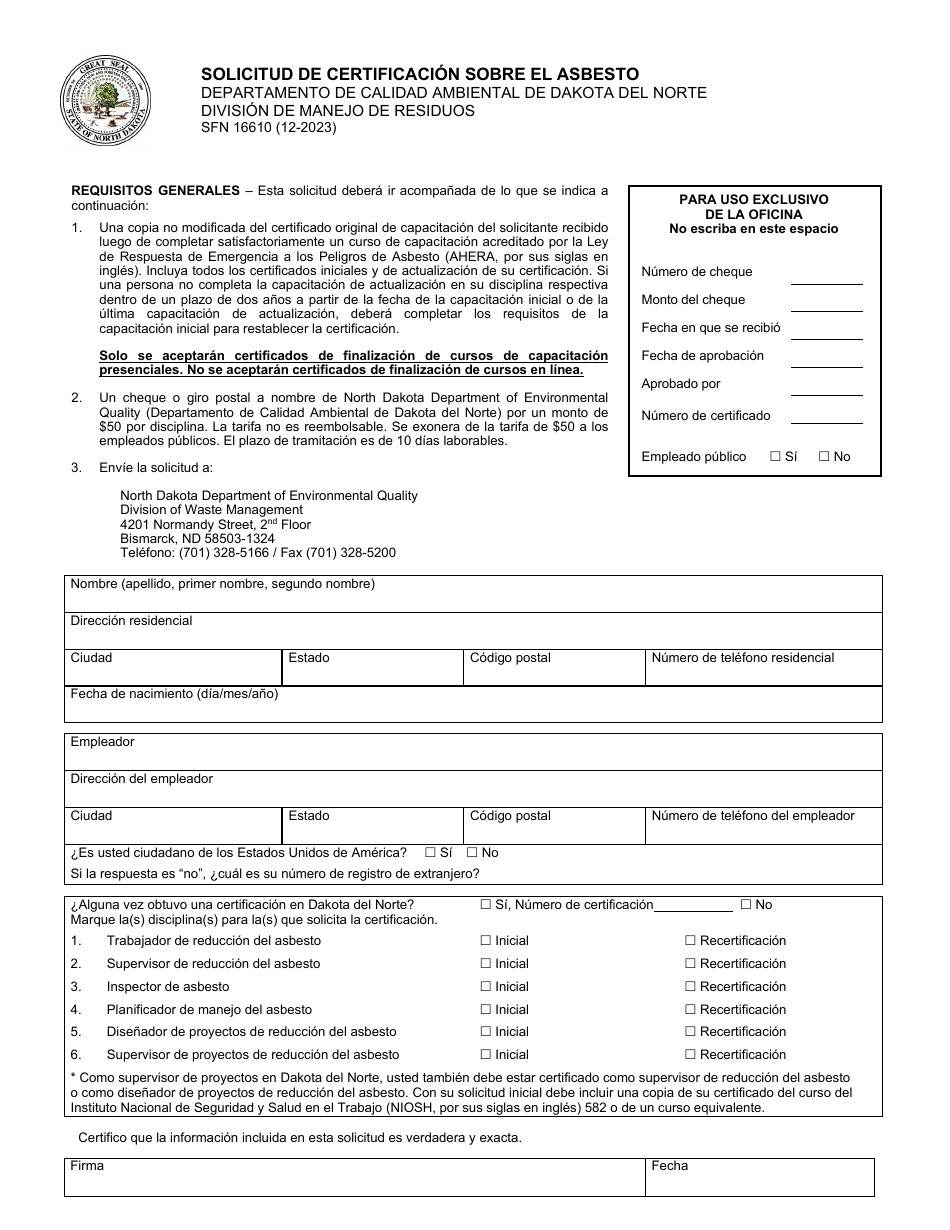 Formulario SFN16610 Solicitud De Certificacion Sobre El Asbesto - North Carolina (Spanish), Page 1