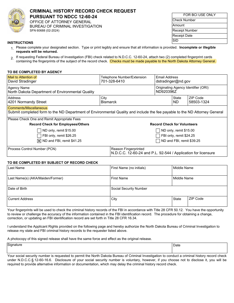 Form SFN60688 Criminal History Record Check Request Pursuant to Ndcc 12-60-24 - North Dakota, Page 1