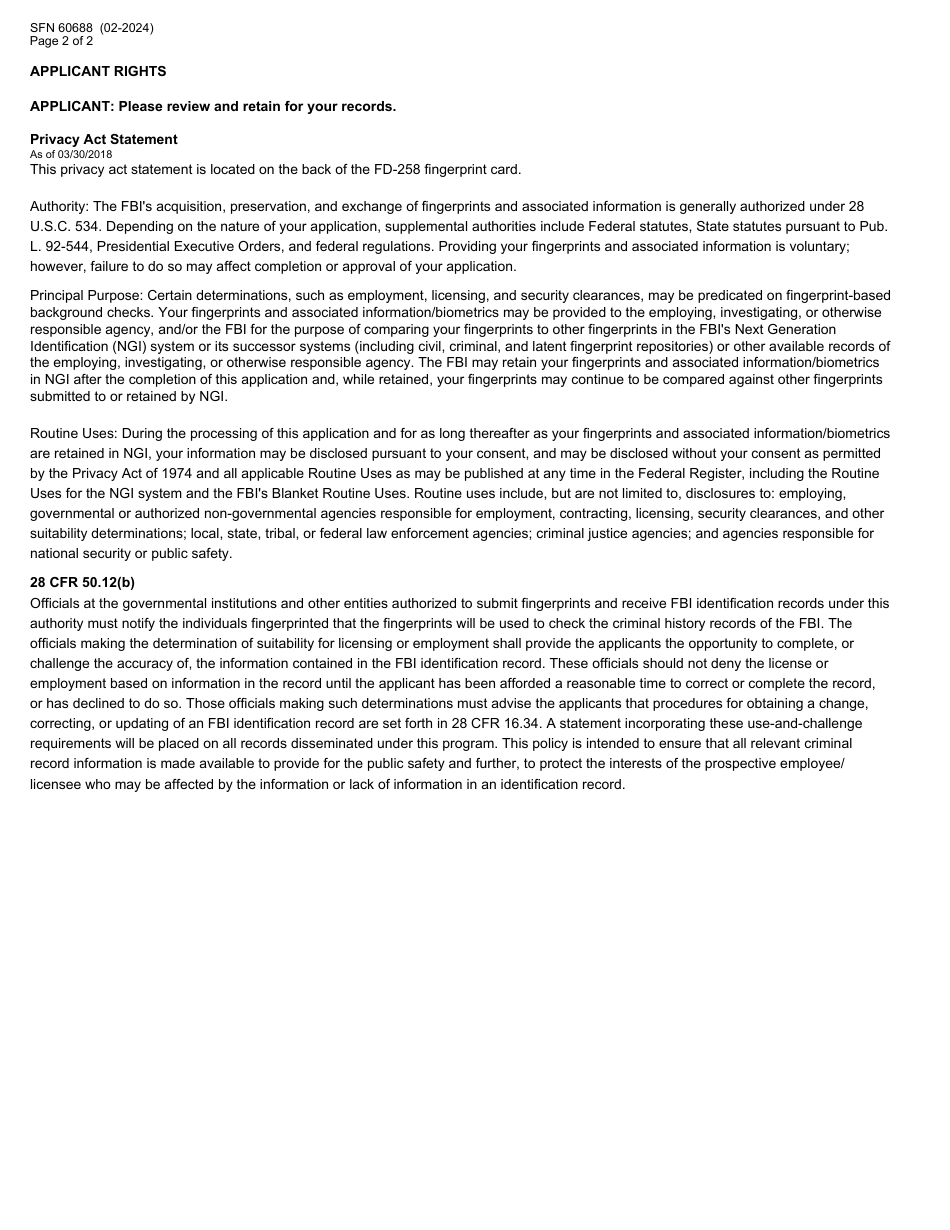 Form SFN60688 Criminal History Record Check Request Pursuant to Ndcc 12-60-24 - North Dakota, Page 2