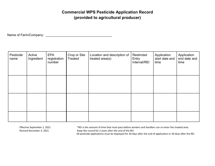 Commercial Wps Pesticide Application Record (Provided to Agricultural Producer) - Utah