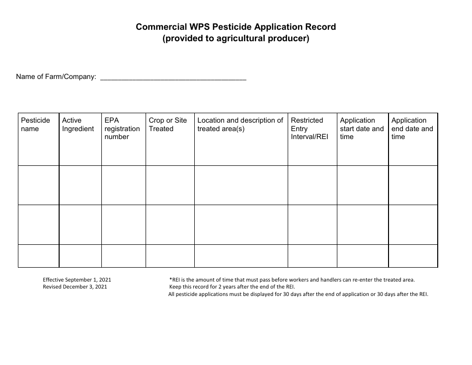 Commercial Wps Pesticide Application Record (Provided to Agricultural Producer) - Utah, Page 1