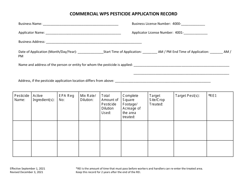 Commercial Wps Pesticide Application Record - Utah