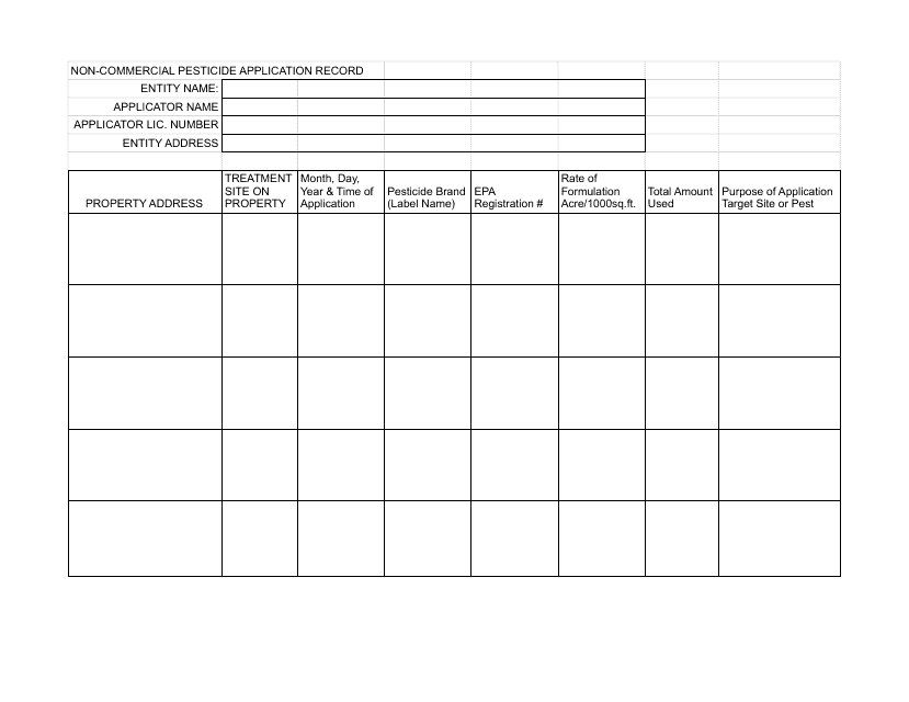 Non-commercial Applicator Sample Record Keeping Form - Utah