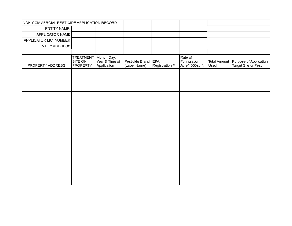 Non-commercial Applicator Sample Record Keeping Form - Utah, Page 1