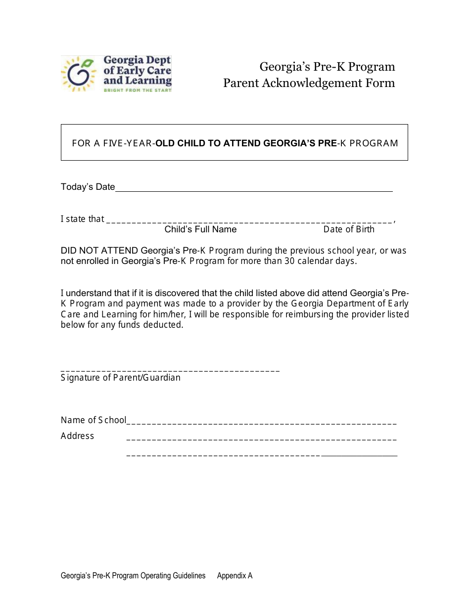 Appendix A Parent Acknowledgement Form - Georgias Pre-k Program - Georgia (United States), Page 1