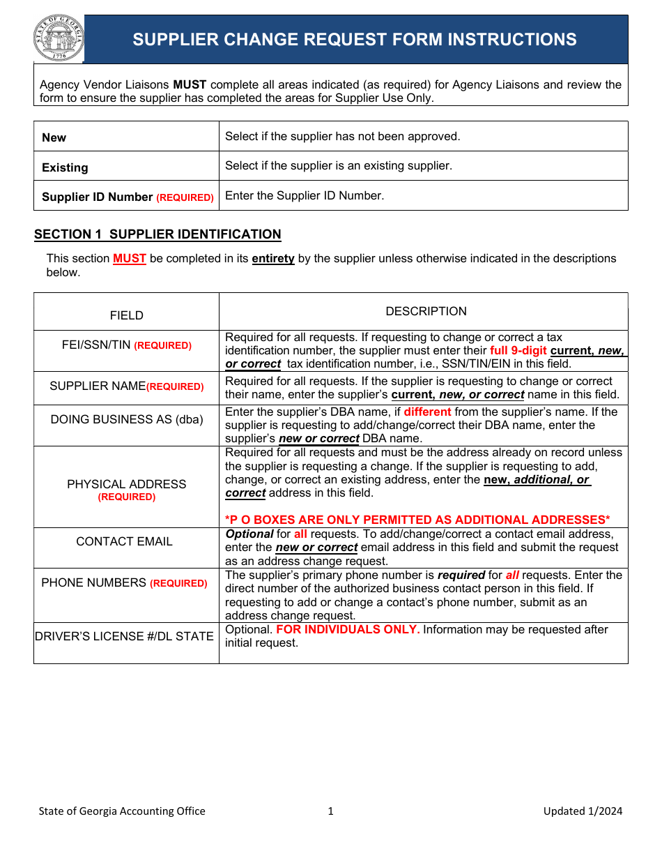 Instructions for Supplier Change Request Form - Georgia (United States), Page 1