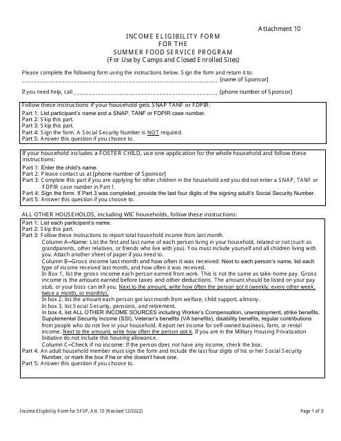 Attachment 10 Income Eligibility Form for the Summer Food Service Program (For Use by Camps and Closed Enrolled Sites) - Georgia (United States)