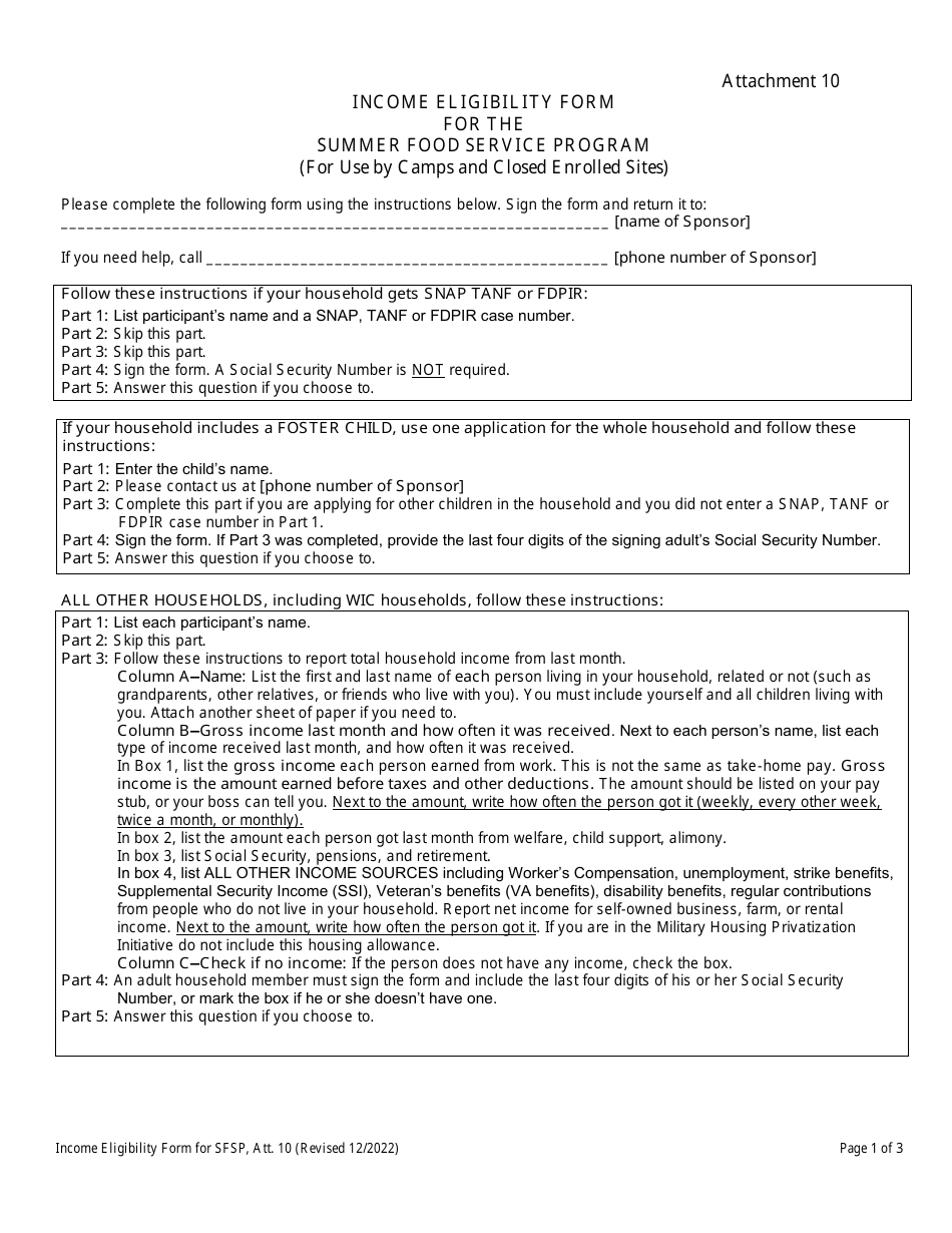 Attachment 10 Income Eligibility Form for the Summer Food Service Program (For Use by Camps and Closed Enrolled Sites) - Georgia (United States), Page 1